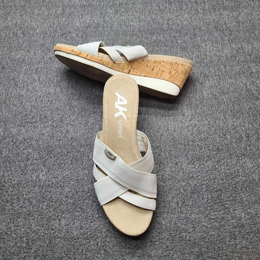 Anne Klein AK Sport Peggy Wedge Sandals Womens 10M White Cream Excellent Cork